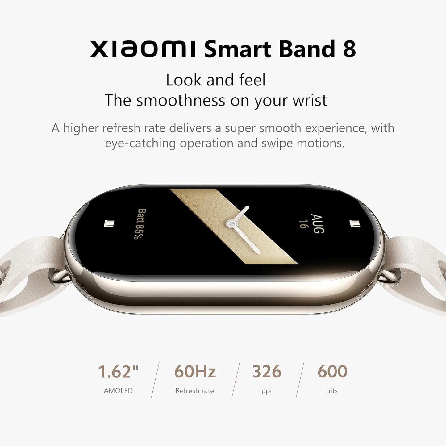 Xiaomi Smart Band 8 Smartwatch for Men and Women, AMIOLED Screen, 1.62 Inch Screen, 60 Hz Update Frequency, 150 Sports Modes, Health Monitor, 16 Days Autonomy, Waterproof 5 ATM Watches, Gold