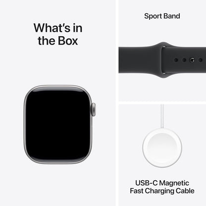 Apple Watch Series 11 GPS smartwatch with black sport band and silver case