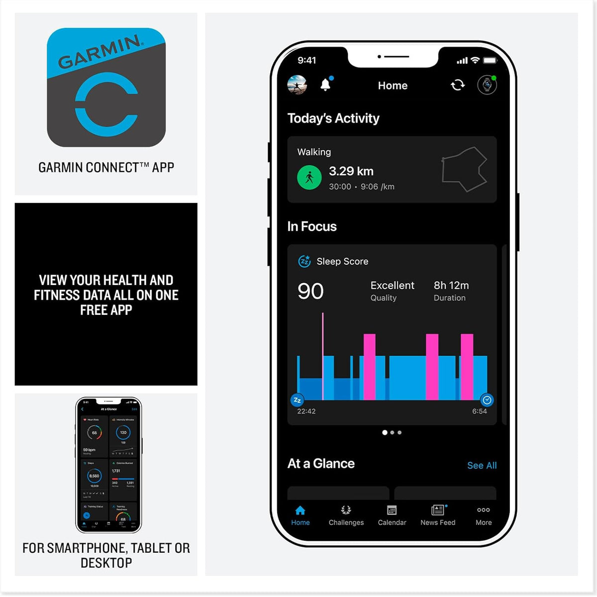 Garmin Connect app on smartphone showing activity graphs and daily activity details.