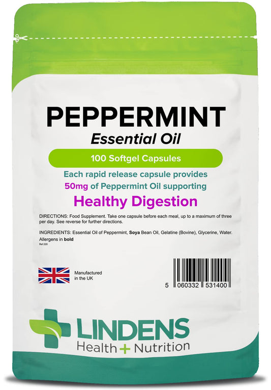 Lindens Peppermint Oil 50mg Capsules - 100 Pack - Essential Oil of Peppermint Supporting Healthy Digestion. - UK Manufacturer, Letterbox Friendly