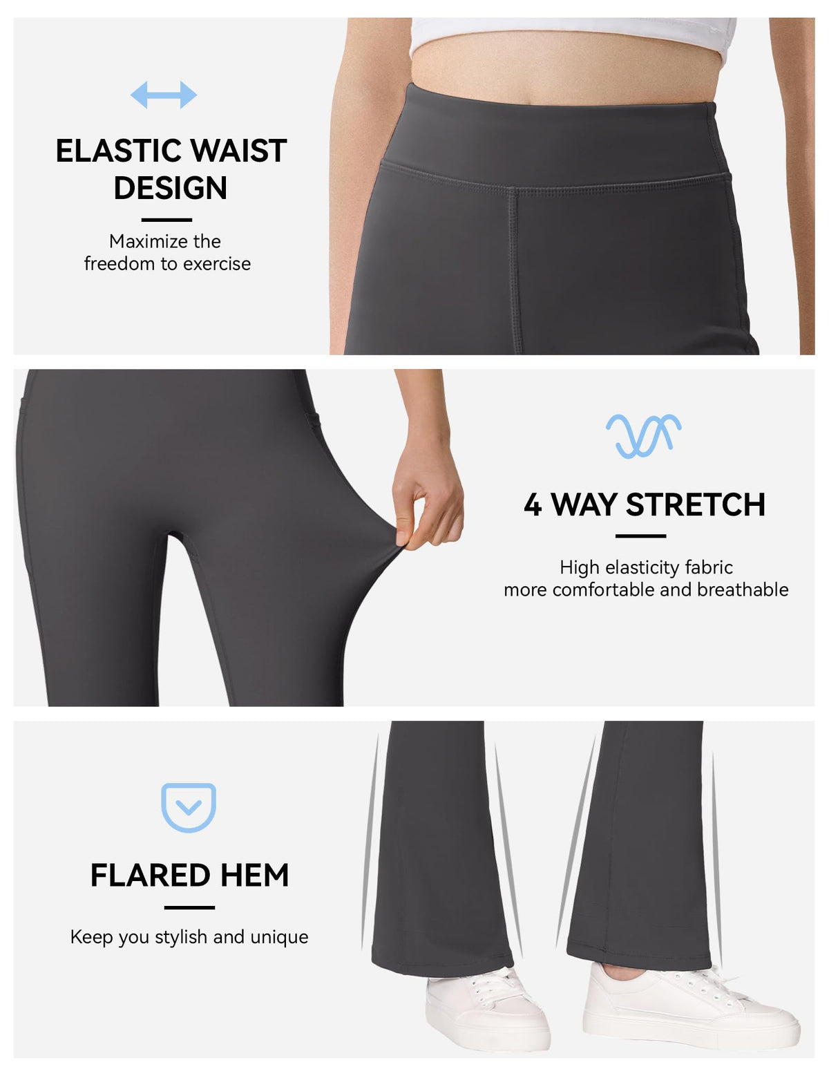 High-waisted flared leggings with elastic waist, 4-way stretch, and flared hem.