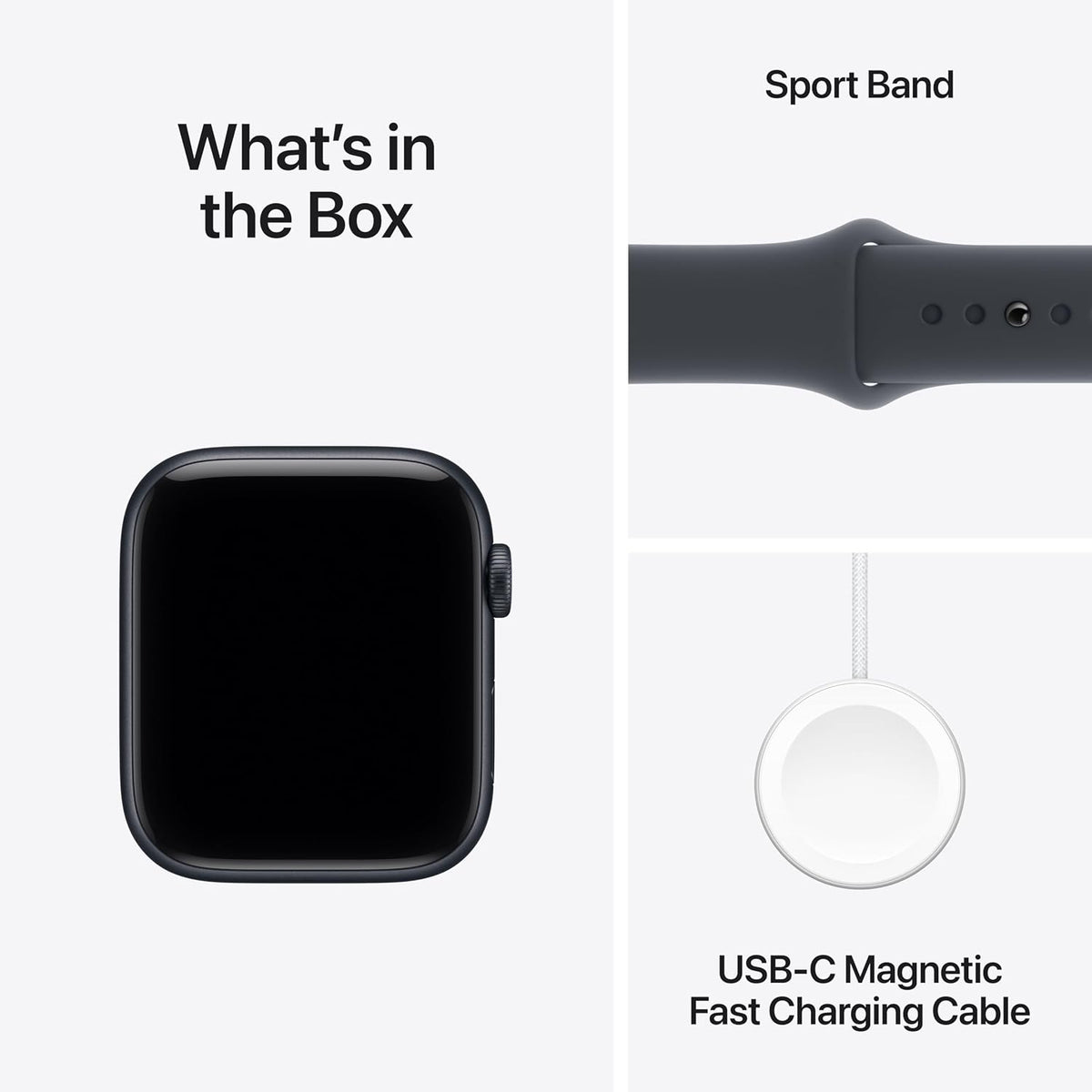 Apple Watch SE 3 GPS smartwatch box contents: smartwatch and USB-C magnetic fast cable