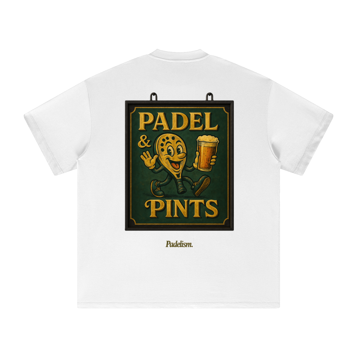 Heavyweight T-shirt in white, back graphic print "PADEL & PINTS" with cartoon