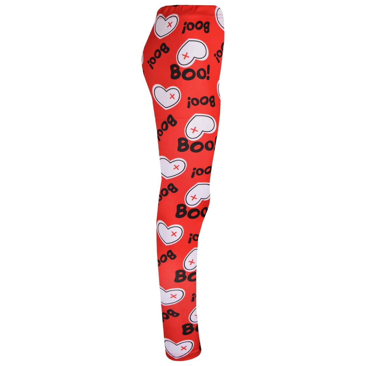 Red full-length leggings with repeating “Boo!” and ghost face icons