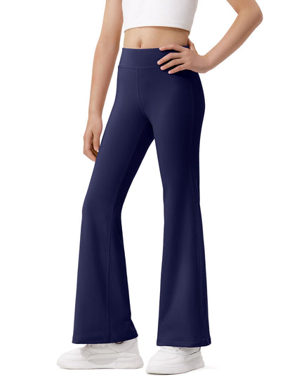Girls high-waisted flared leggings in navy with elastic waistband and flared hem