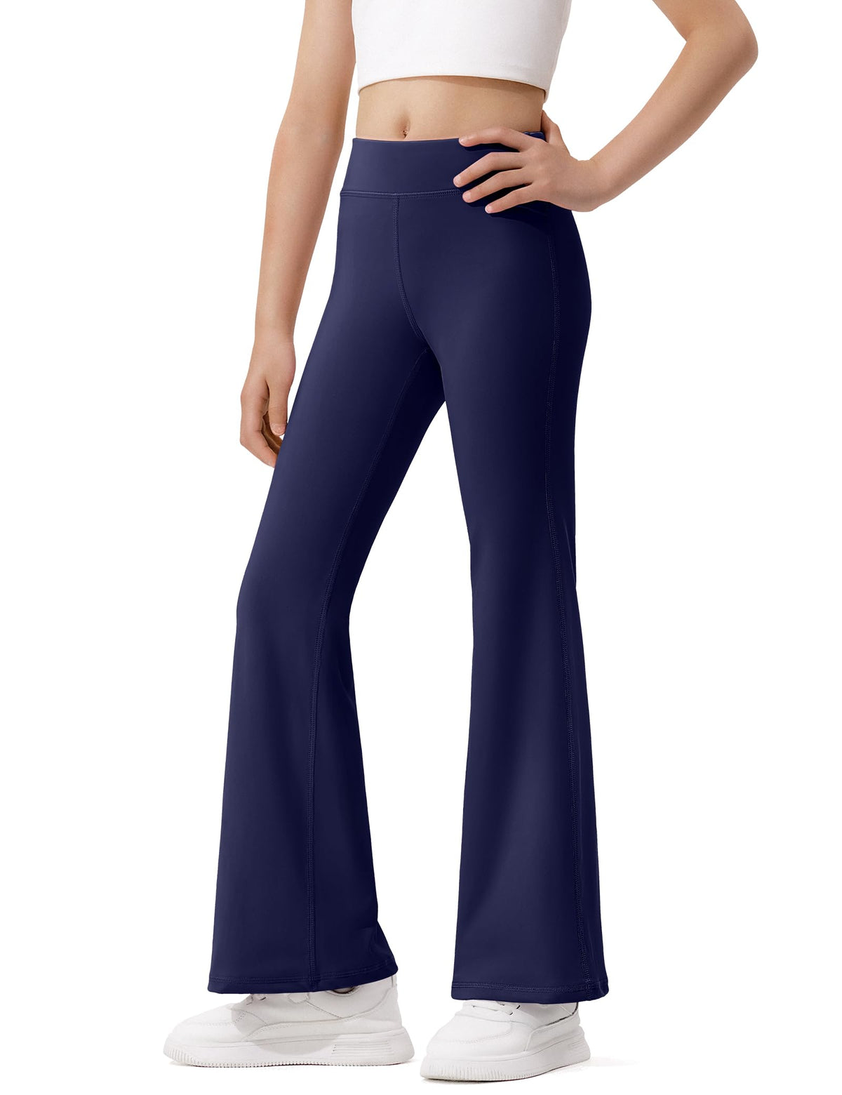 JOCMIC girls' high-waisted flared leggings in dark navy with smooth stretch waist