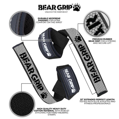BEAR GRIP Straps - Premium Neoprene Padded Heavy Duty Double Stitched Weight Lifting Gym Straps