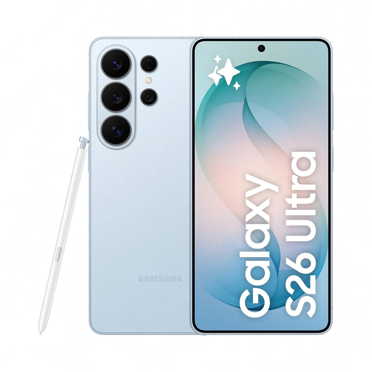 Samsung Galaxy smartphone in light blue with stylus, triple rear cameras, and display.