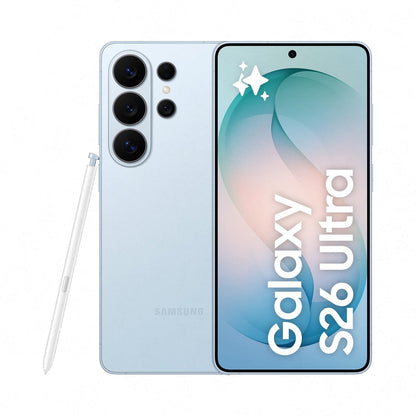 Samsung Galaxy smartphone in light blue with stylus, triple rear cameras, and display.
