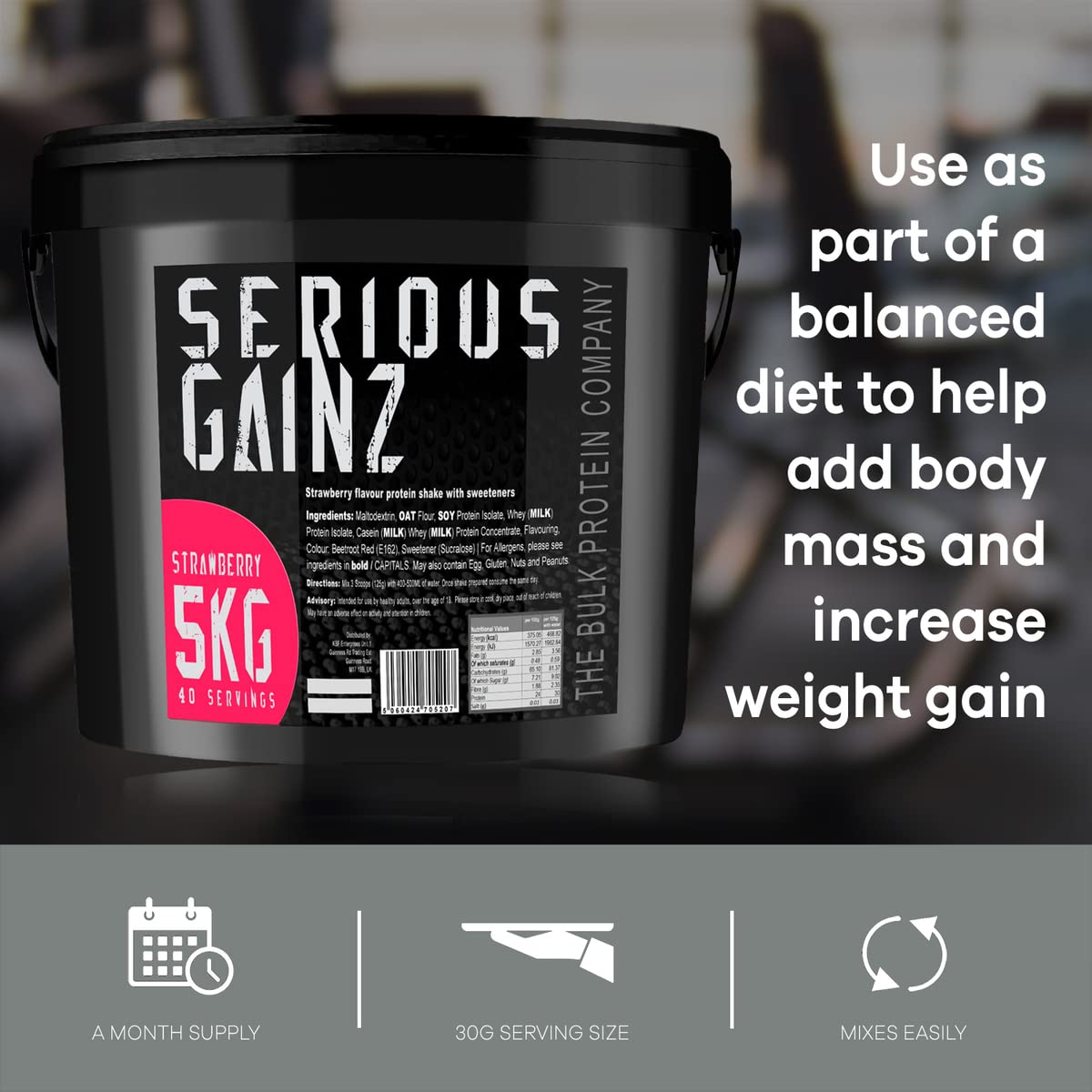 The Bulk Protein Company, SERIOUS GAINZ - Whey Protein Powder - Weight Gain, Mass Gainer - 30g Protein Powders (Strawberry, 5kg)