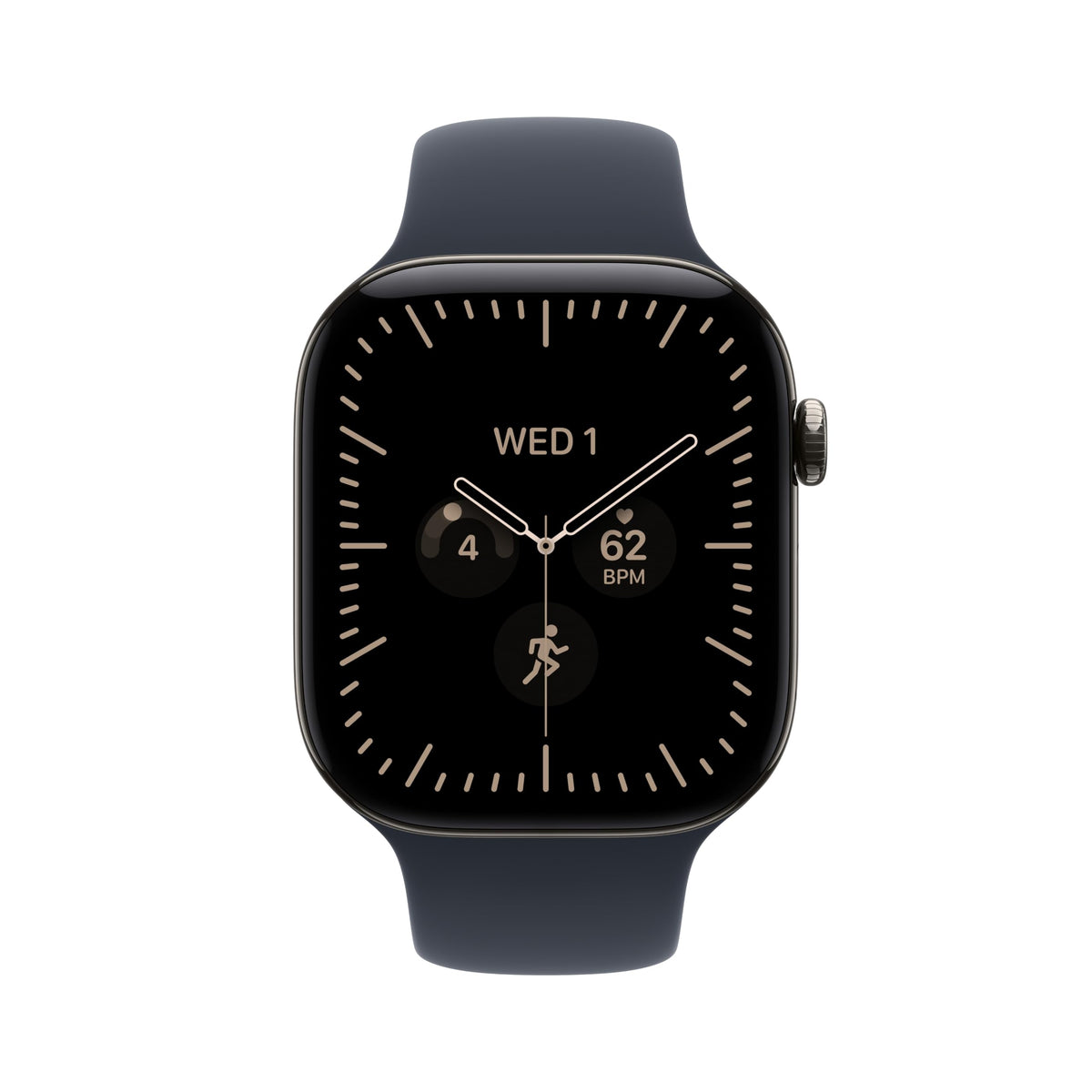 Apple Watch Series 12 GPS smartwatch with dark strap and analog-style clock face