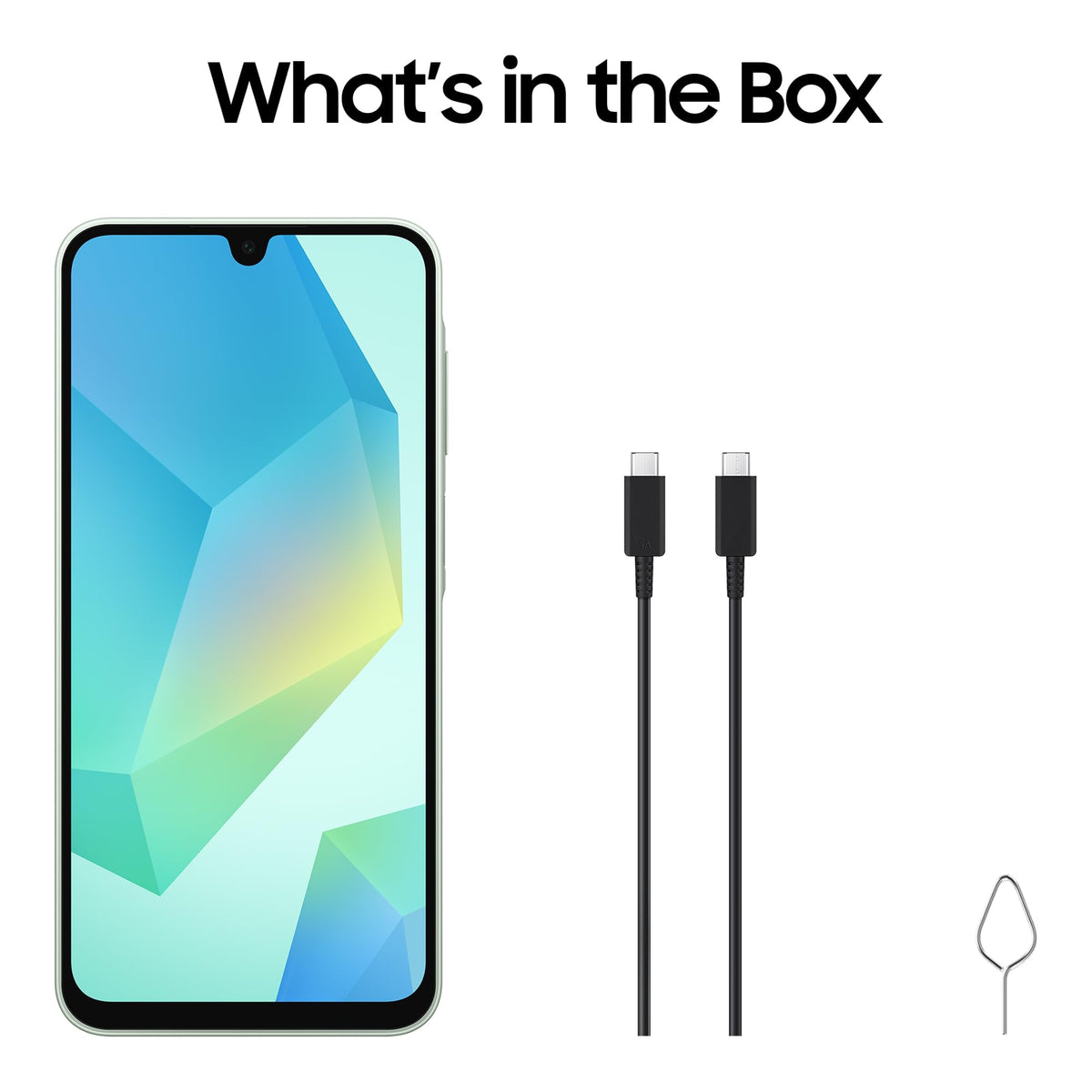 Samsung Galaxy A16 4G smartphone with box contents: charging cable and SIM tool