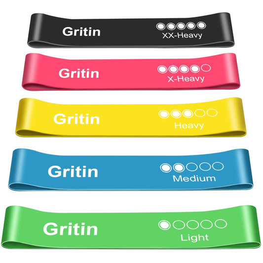 Gritin Resistance Bands, [Set of 5] Skin-Friendly Resistance Fitness Exercise Loop Bands with 5 Different Resistance Levels - Carrying Case Included - Ideal for Home, Gym, Yoga, Training