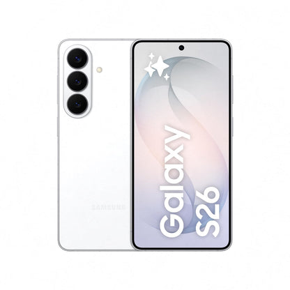 Samsung smartphone in white, front display and rear triple camera visible