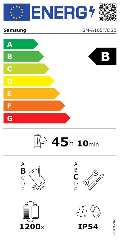 Energy efficiency label for Samsung Galaxy A16 4G smartphone with IP54 rating