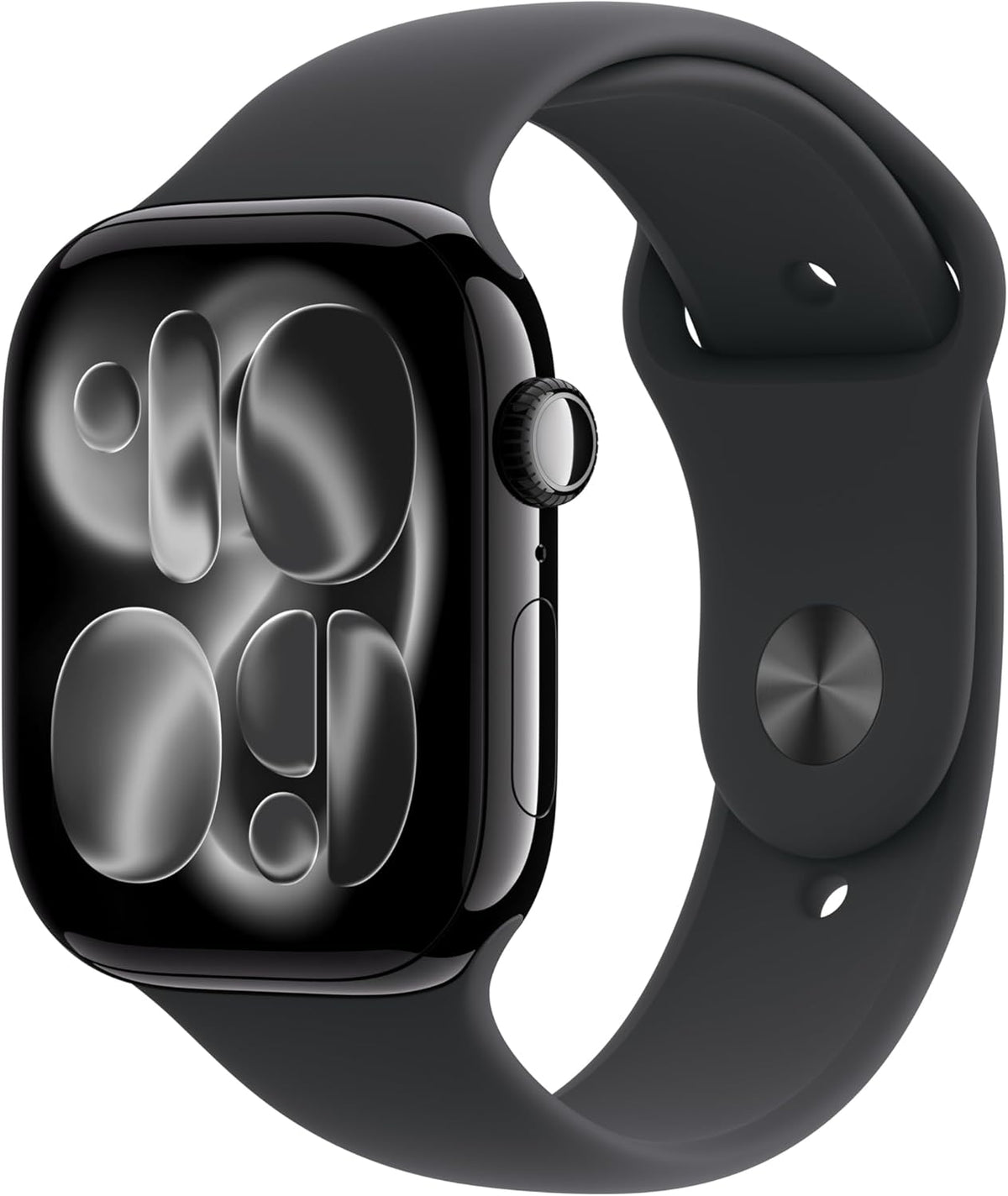 Dark gray smartwatch with square display and silicone band, showing monochrome watch face
