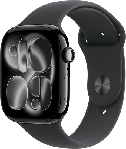Dark gray smartwatch with square display and silicone band, showing monochrome watch face