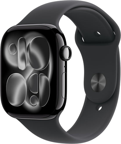 Dark gray smartwatch with square display and silicone band, showing monochrome watch face