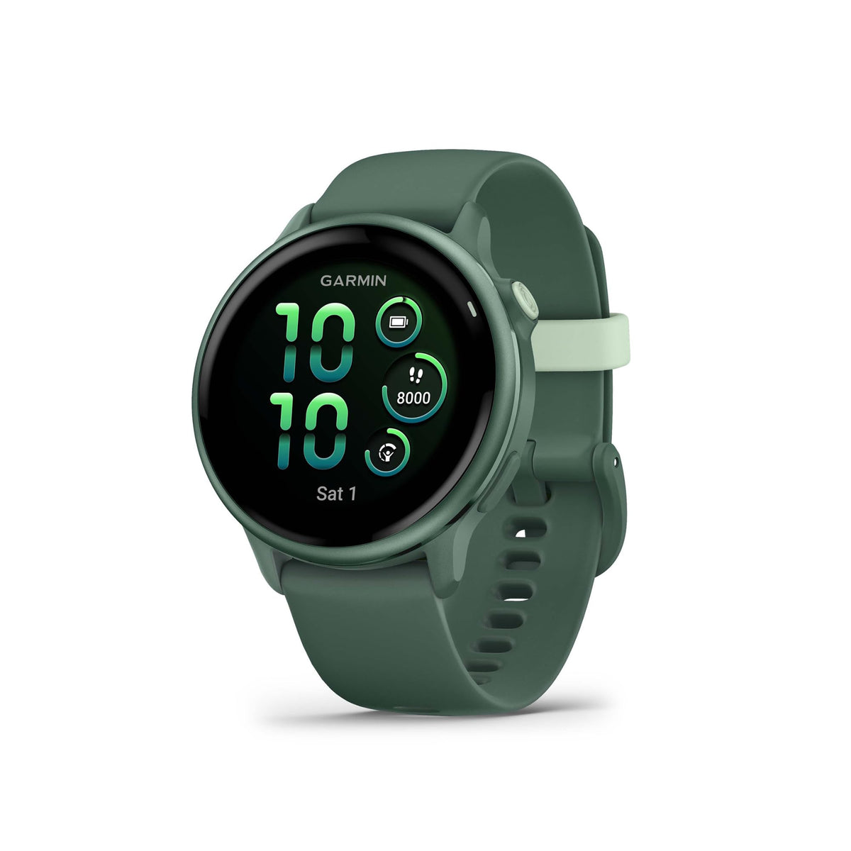 Green silicone-strap Garmin smartwatch with round AMOLED display