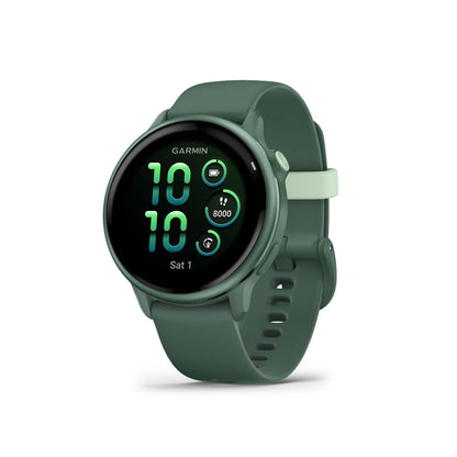 Green silicone-strap Garmin smartwatch with round AMOLED display