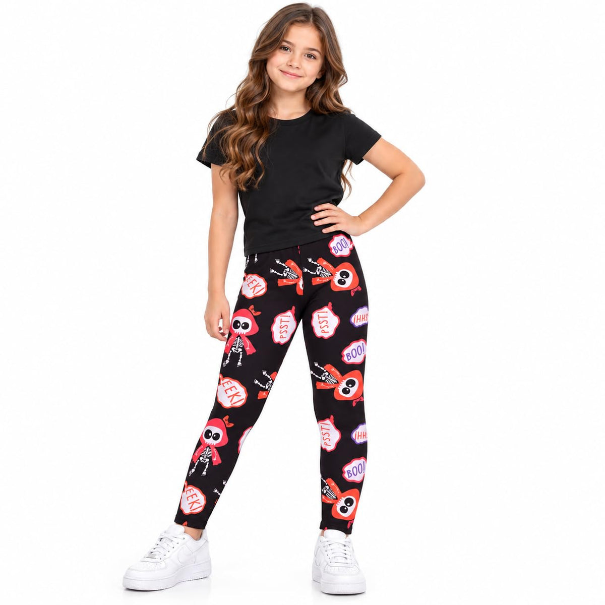 Kids Halloween leggings, black with red-and-white monster and skull graphics