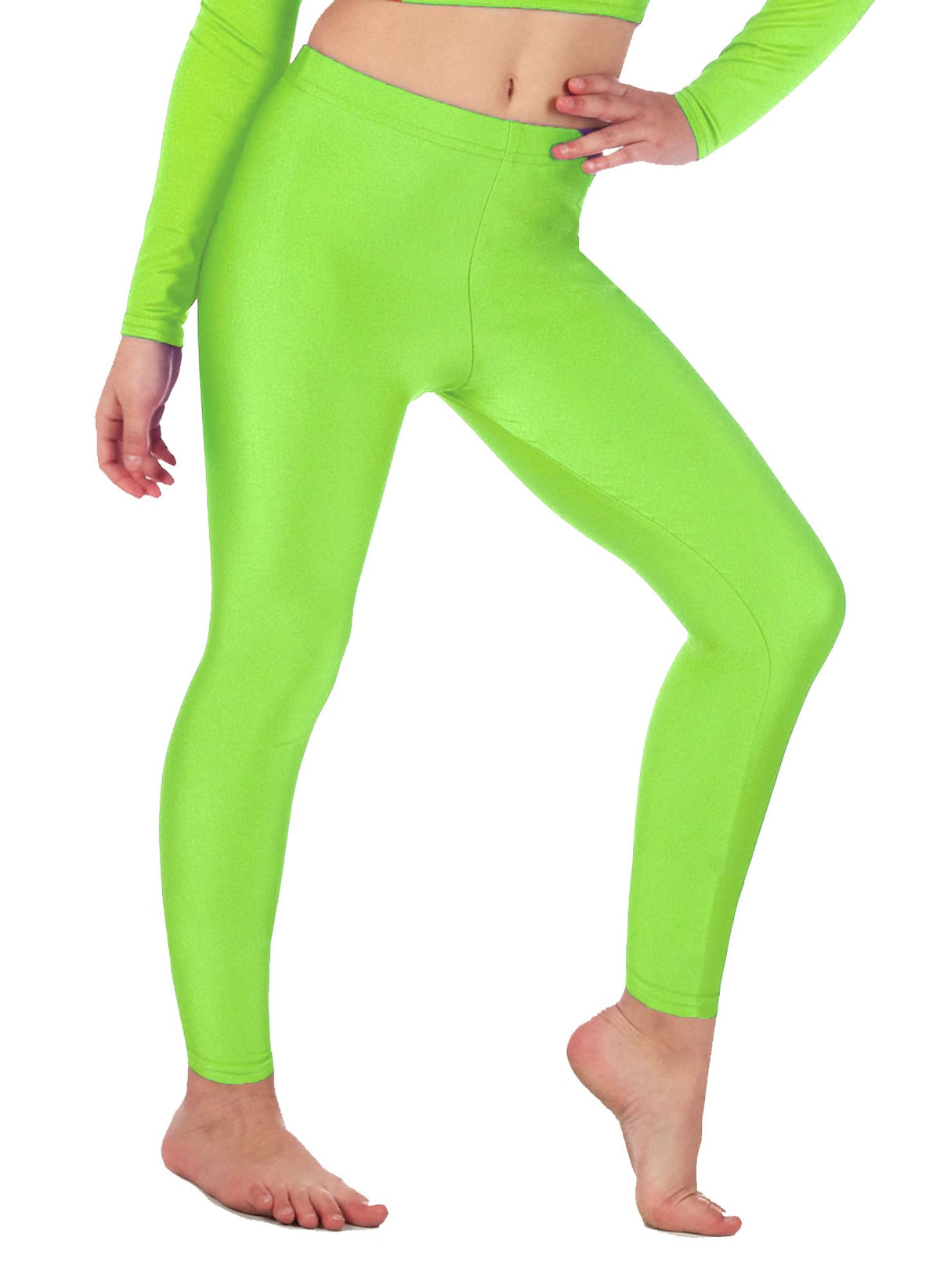 Girls shiny stretch leggings, neon green, full-length snug fit with flat ankle hems