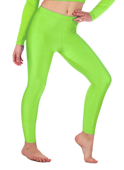 Girls shiny stretch dance leggings, neon green, full-length