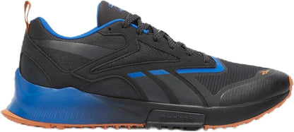 Reebok men's trail running shoe, black with blue accents and orange outsole