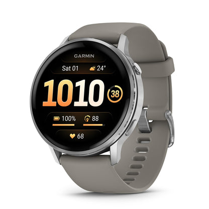 Garmin GPS fitness smartwatch with grey silicone strap and round black display