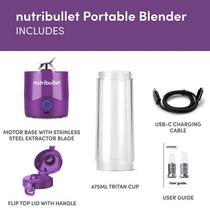 nutribullet Portable Blender in Black - Powerful Extractor Blade, 475ml Cup, To-Go Lid, USB-C Charging Cable & User Guide - Delivers 15+ Blending Cycles - Healthy Shakes On The Move