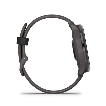 Garmin vívoactive 6 smartwatch, side view, dark gray band and case