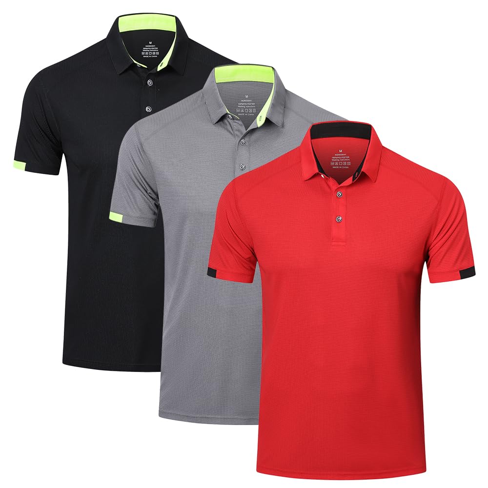 HUAKANG 3 Pack Mens Polo Shirts Short Sleeve Breathable Quick Dry Golf Polo Shirts Mens Running Sports Tee Top Gym Workout Polo T Shirts