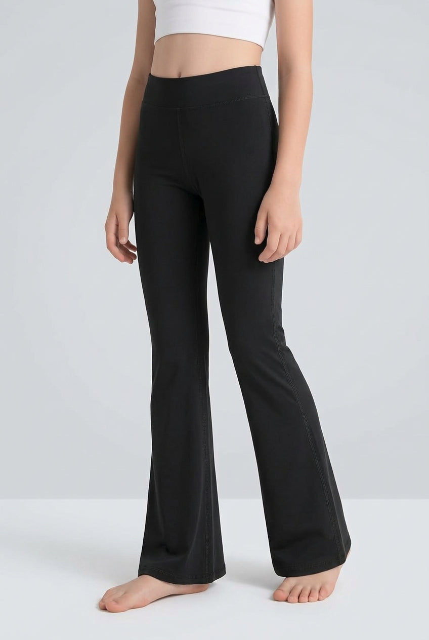 Girls' high-waisted flared leggings, black, straight seam front