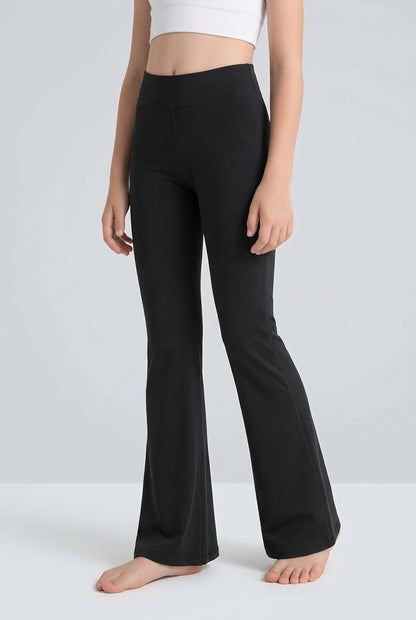 Girls' high-waisted flared leggings, black, straight seam front