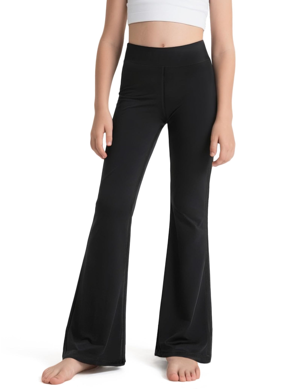 Girls' high-waisted flared leggings, black, high-rise waistband