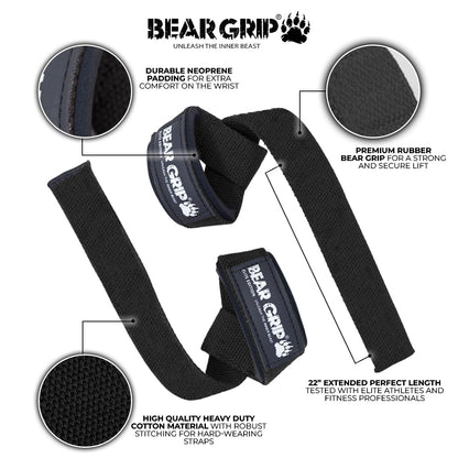 BEAR GRIP Straps - Premium Neoprene Padded Heavy Duty Double Stitched Weight Lifting Gym Straps