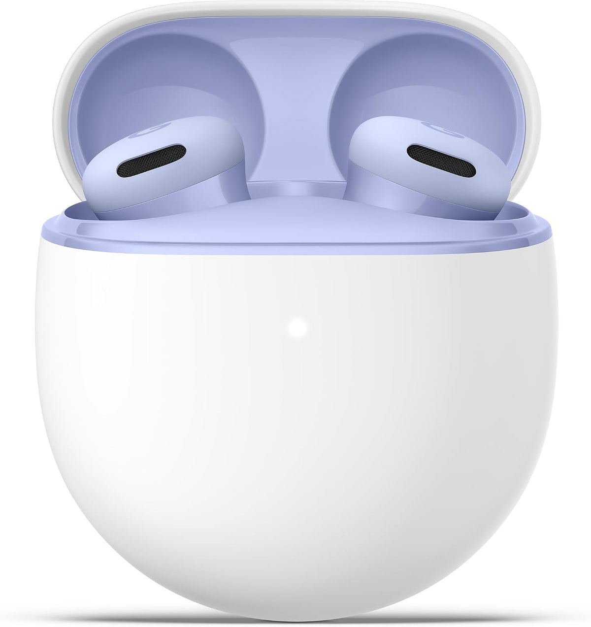 Pixel Buds 2a earbuds in an open charging case, lavender