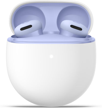 Pixel Buds 2a earbuds in an open charging case, lavender