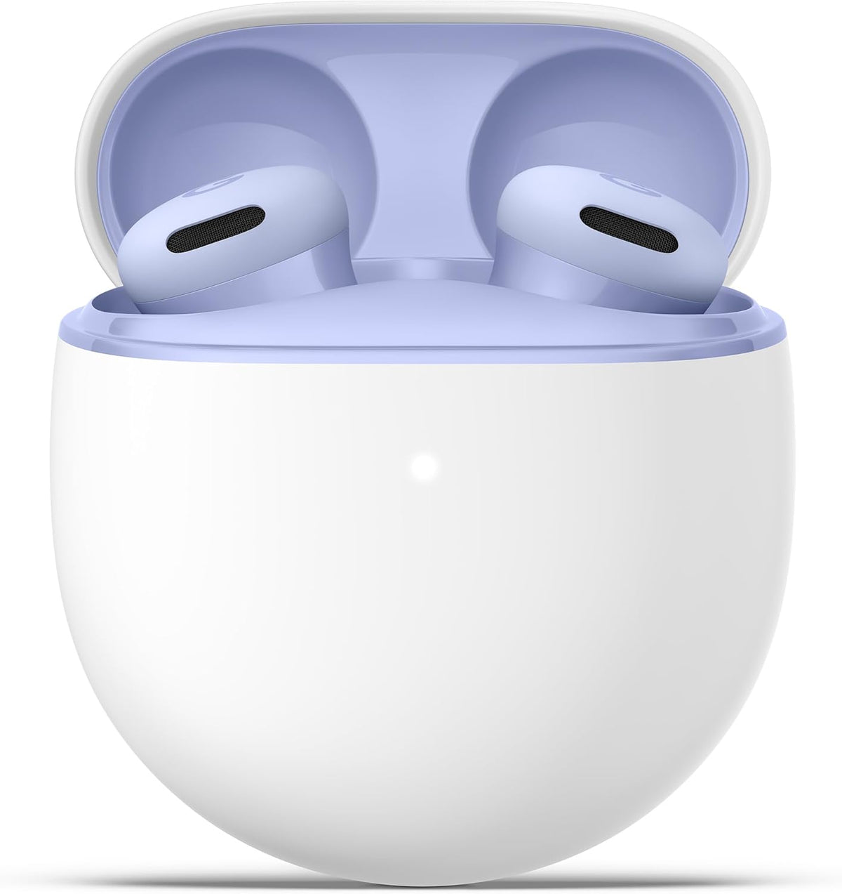 Wireless earbuds in a white charging case with light purple earbud tips