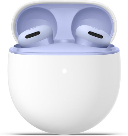 Wireless earbuds in a white charging case with light purple earbud tips