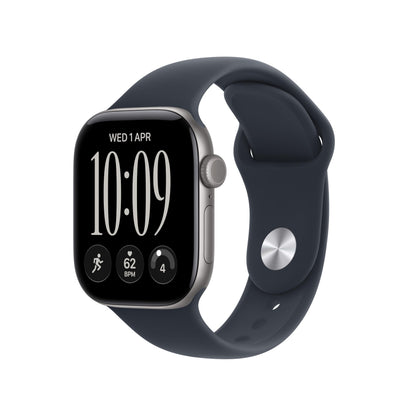 GPS smartwatch with dark case and navy/blue silicone band