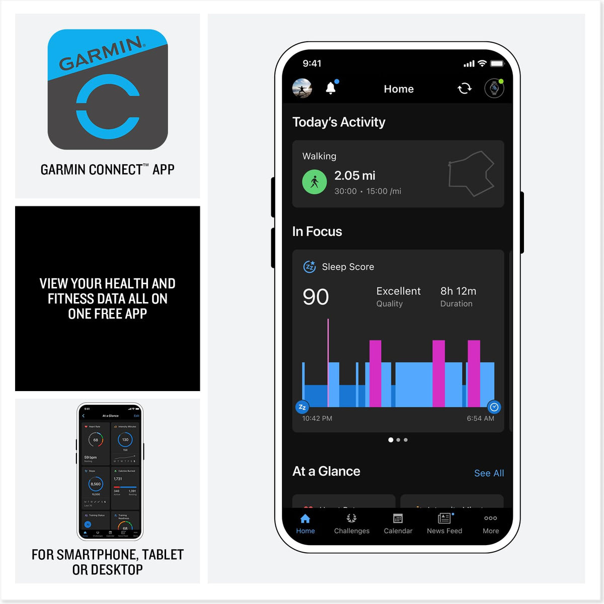 Garmin Connect app screen on smartphone showing walking and sleep metrics