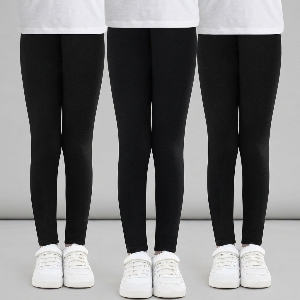 Black girls' cotton leggings, 3-pack with full-length view