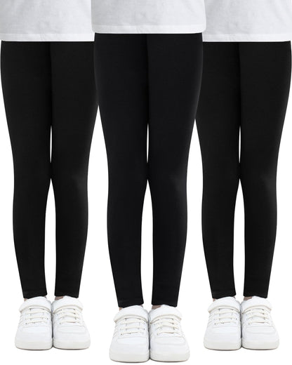Black girls' cotton leggings, 3-pack front view with fitted legs