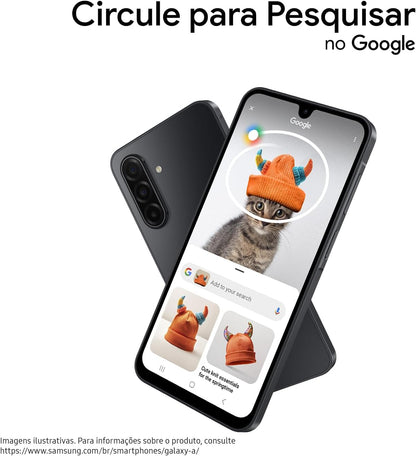 Black Samsung smartphone front and back with Google search cat screen