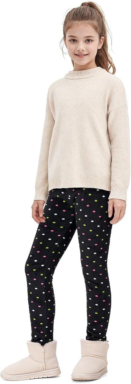 Girls fleece-lined thermal leggings with black stars and colorful dot print, pull-on fit