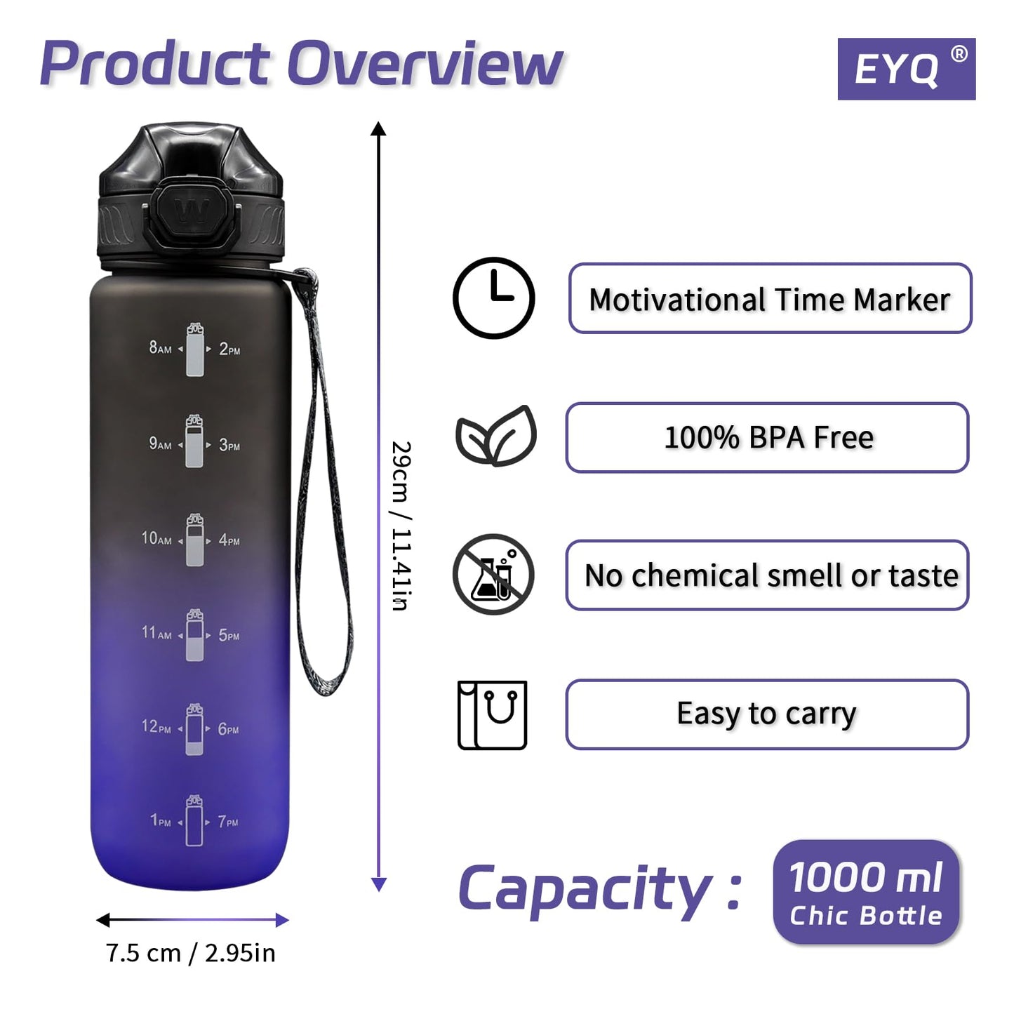 EYQ 1 L Water Bottle, 1 Litre Water Bottle, 32oz Leak-Proof Drinks Bottle, Tritan BPA-Free, Motivational Water Bottle with Time Marker, Sports Drinks Bottle for Fitness, School, Gym, Outdoor Sports