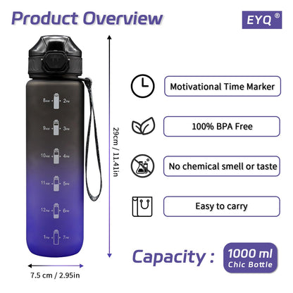 EYQ 1 L Water Bottle, 1 Litre Water Bottle, 32oz Leak-Proof Drinks Bottle, Tritan BPA-Free, Motivational Water Bottle with Time Marker, Sports Drinks Bottle for Fitness, School, Gym, Outdoor Sports