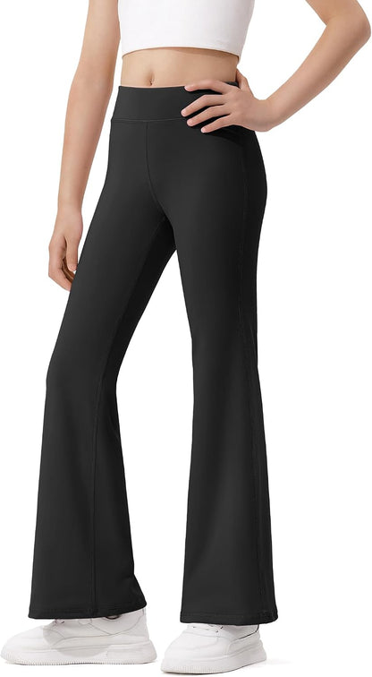 JOCMIC girls high-waisted flared leggings, black; back view with wide bell legs