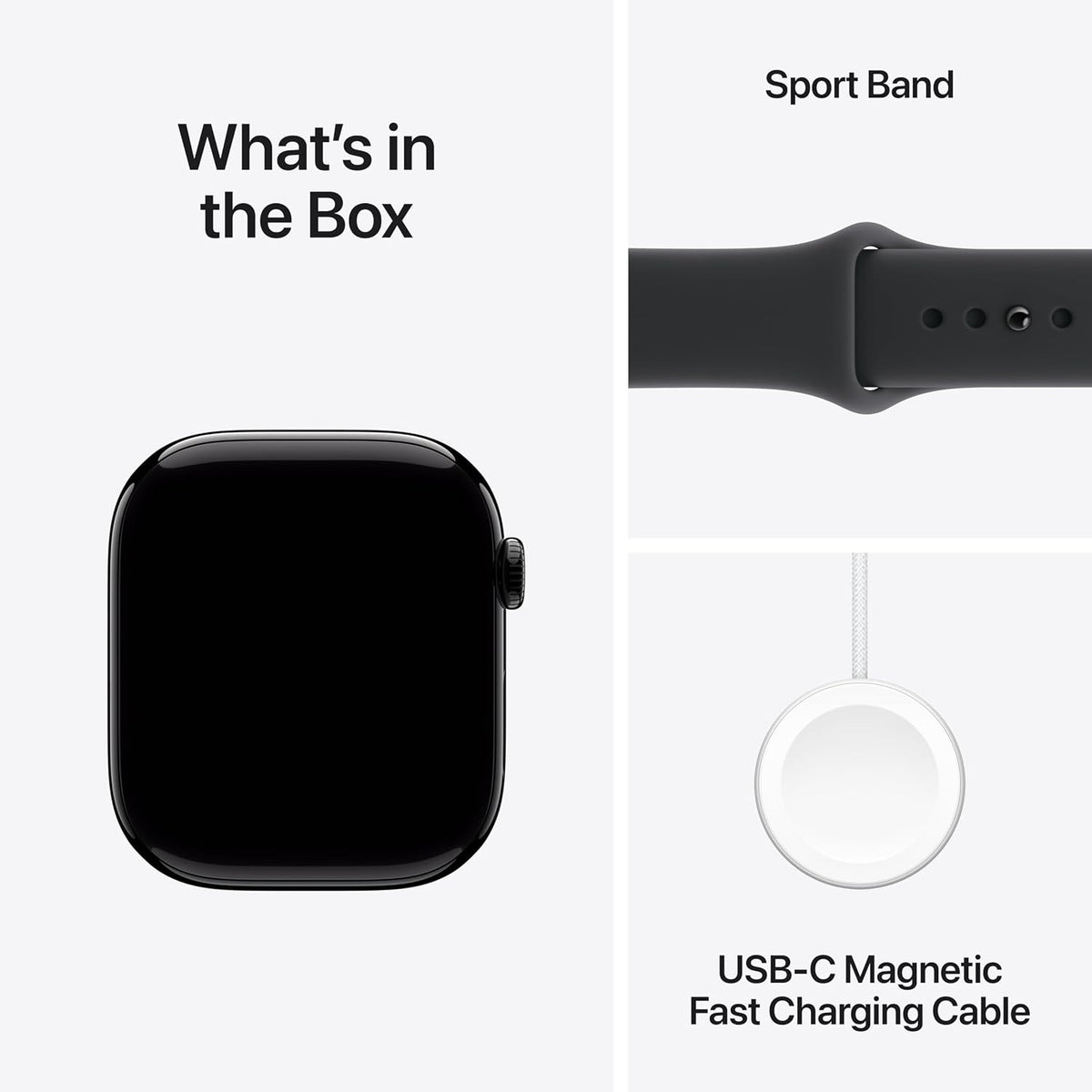 Black Apple Watch GPS smartwatch with sport band and USB-C magnetic fast charging cable